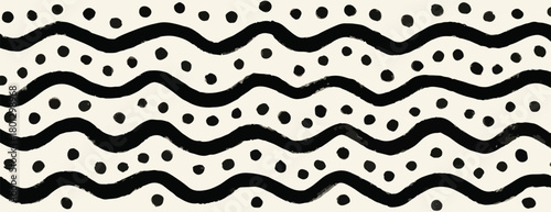 Pattern astratto minimalista con linee ondulate nere e pois su sfondo chiaro, stile grafico.