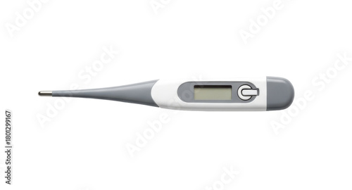 Close-up shot of a digital thermometer, showing the display and probe, isolated on white.