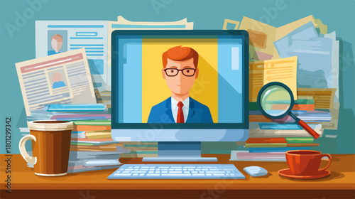 Vettore concetti di selezione del personale e colloquio online con documenti e caffè sulla scrivania.