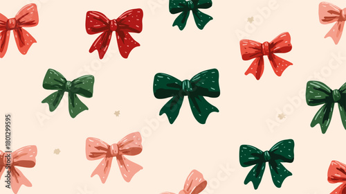 Pattern vettoriale natalizio con fiocchi decorativi rossi, verdi e rosa su sfondo chiaro.