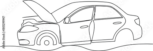 Black and white line drawing of a damaged car with open hood and door