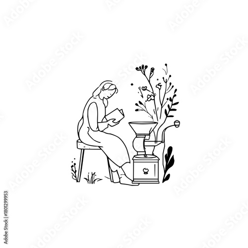 Woman reading a book near a coffee grinder isolated on