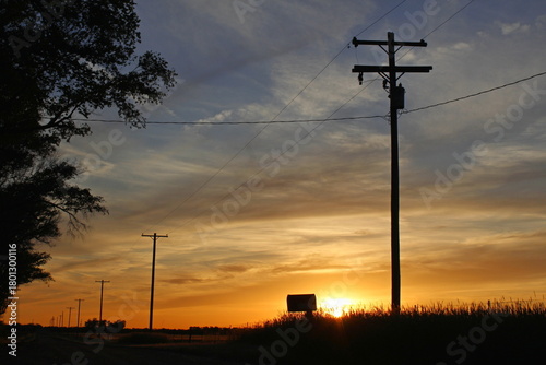 Kansas Sunset Country Road mail box powerlines