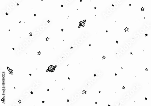 Sfondo spaziale disegnato a mano con razzi, pianeti e stelle, stile doodle minimalista in bianco e nero.