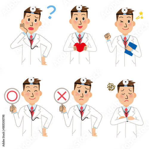 医者の診断、真心、頑張る、悩む、説明、正解、不正解の上半身ポーズ
