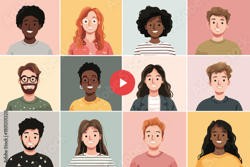 Vettore di avatar e ritratti di persone diverse, illustrazione digitale di volti multipli in una griglia.