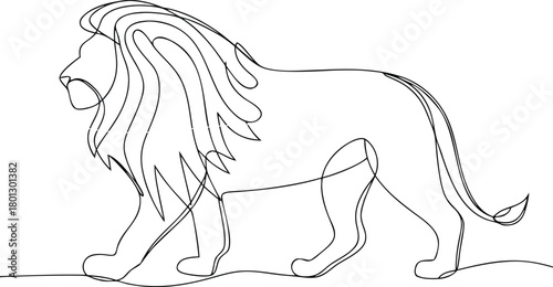 Black line art walking lion with flowing mane animal
