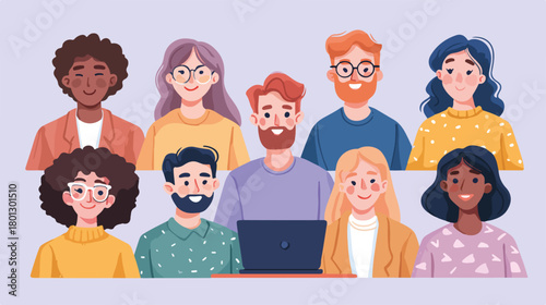 Illustrazione vettoriale di un gruppo eterogeneo di otto persone sorridenti, ritratti testa e spalle con laptop.