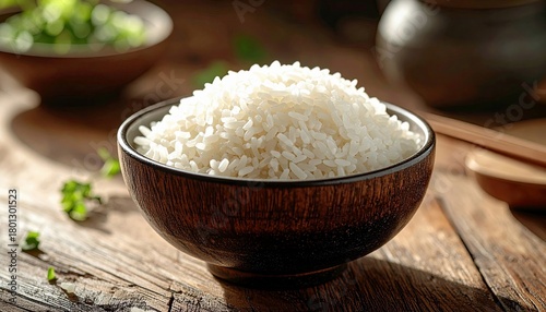 A close-up shot of a wooden bowl filled with cooked white rice, presented on a textured wooden surface with a hint of green garnish.