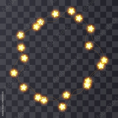 Star light garland wreath, bulb string vector bg. Fairy holiday party decor, white gold xmas festive border. Isolated element, winter ribbon png. New year banner decoration, bright glow led lamp frame