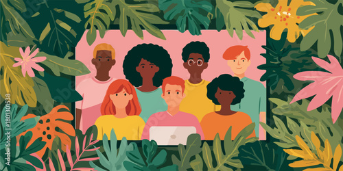 Gruppo eterogeneo di persone riunite virtualmente, incorniciato da lussureggiante vegetazione tropicale e foglie verdi.