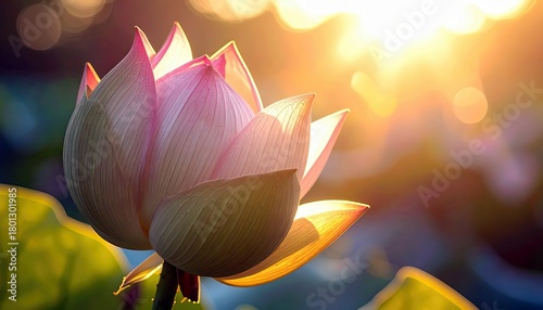 A delicate pink lotus flower bud is illuminated by the warm glow of the sun, creating a serene and tranquil atmosphere.