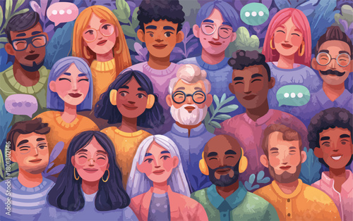 Un gruppo diversificato di persone sorride e comunica, rappresentando l'unità e la diversità.