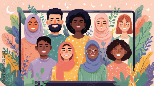 Gruppo multiculturale di persone sorridenti che si connettono online, celebrando la diversità e l'unità.