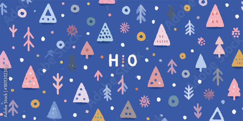 Sfondo blu con alberi stilizzati, fiocchi di neve e cerchi in stile infantile, perfetto per Natale.