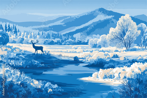 Un cervo solitario osserva un paesaggio invernale sereno con un fiume e montagne innevate sullo sfondo.