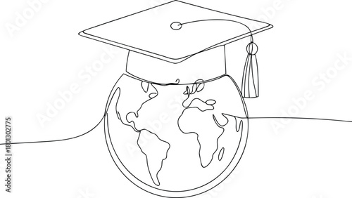 Graduation cap on top of planet earth continuous line drawing