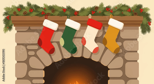 Four colorful Christmas stockings hanging from a garland-decorated mantelpiece above a stone fireplace.