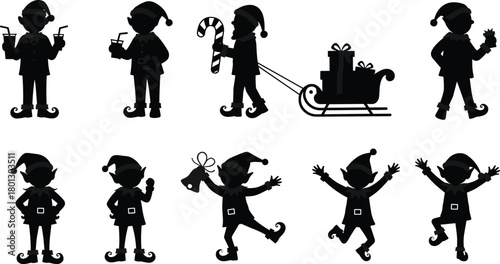 Elf character silhouette illustration bundle, black and white vector set of festive poses, holiday costumes, candy cane, gift, sleigh, Christmas design