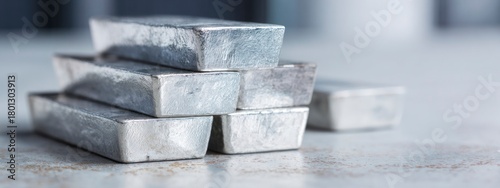 Pile of shiny silver metal ingots stacked in rows, concept of mining, metallurgy, resources and precious materials. banner 