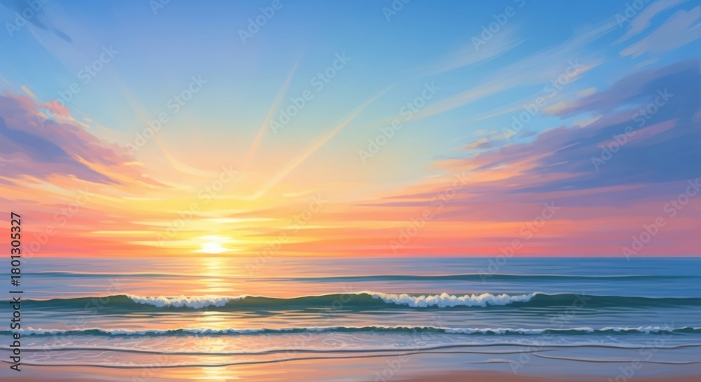 Naklejka premium Serene Ocean Sunset with Soft Waves and Colorful Sky, Sea, Beach, Water