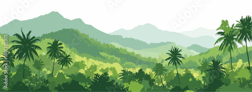 Paesaggio tropicale lussureggiante con montagne verdi sfumate e palme.