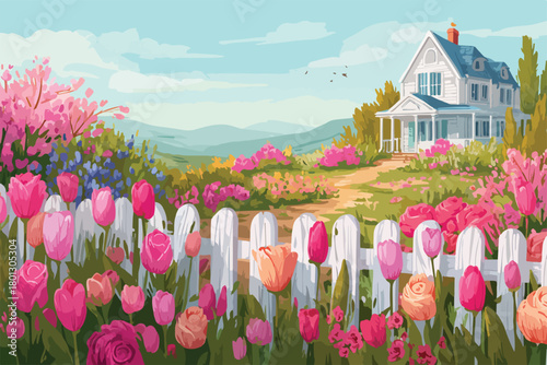 Una pittoresca casa di campagna circondata da un giardino fiorito e una staccionata bianca in primavera.