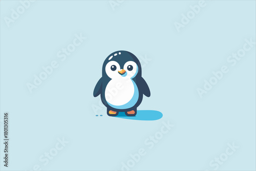Cute baby penguin in flat vector style, standing with a round white belly, dark navy body, small orange beak and feet, simple shadow, clean minimal background, adorable and friendly character design.