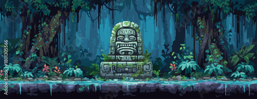 Antica statua di pietra con volto tribale in una giungla lussureggiante e misteriosa, arte digitale.