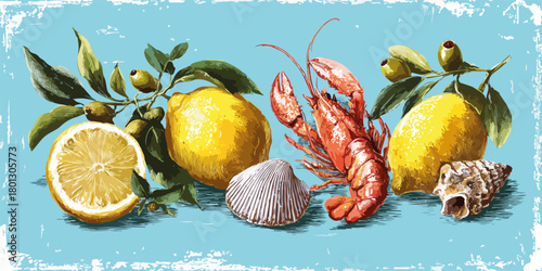 Illustrazione vettoriale di un'aragosta con limoni, olive e conchiglie su sfondo blu