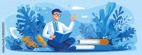 Un giovane uomo con gli occhiali legge un libro seduto in mezzo a foglie blu e gialle