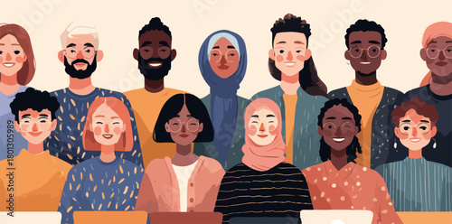 Un gruppo diversificato di persone sorridenti, che rappresenta l'unità e l'inclusione in un ambiente moderno e collaborativo.