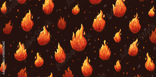 Un motivo ripetuto di fiamme stilizzate su uno sfondo scuro, un design vettoriale.