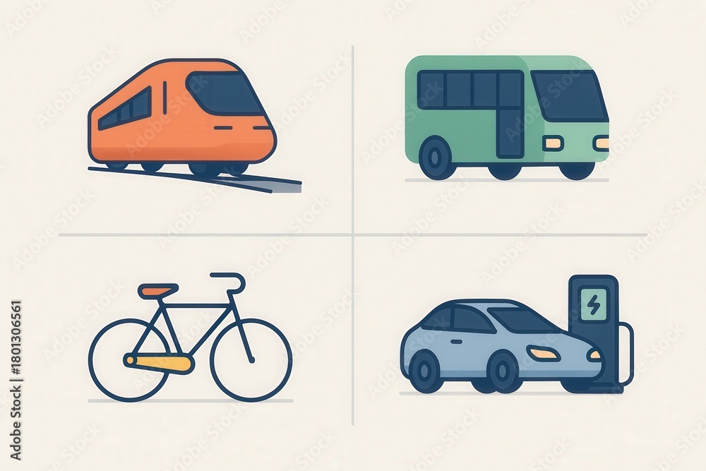 Fototapeta premium Innovative transportation modes including bicycle, electric car, green bus, and modern high speed train representing future mobility solutions and sustainable urban transport