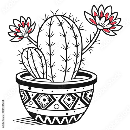 Black outlined cactus with red and white blossoms sits in a patterned pot