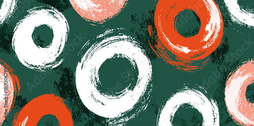 Sfondo astratto con cerchi dipinti a mano in stile acquerello su sfondo verde scuro.