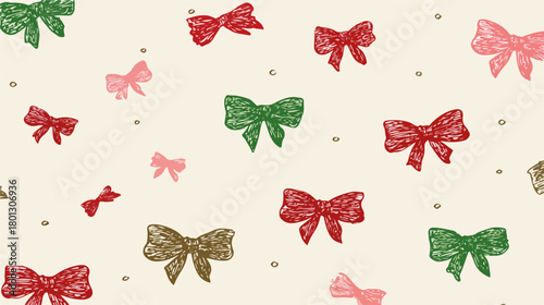 Sfondo festivo con fiocchi colorati e pois dorati, ideale per decorazioni natalizie e di festa.