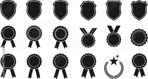 Award and badge icon bundle, black and white vector set of shields, medals, ribbons, rosettes, laurel wreaths, achievement symbols, honor design
