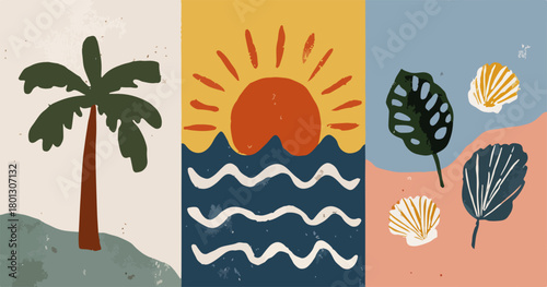 Illustrazioni astratte di elementi naturali e marini, con colori caldi e stile moderno.