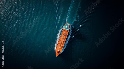 Aerial drone footage captures a large orange cargo ship navigating through deep blue ocean waters leaving a prominent white wake behind it