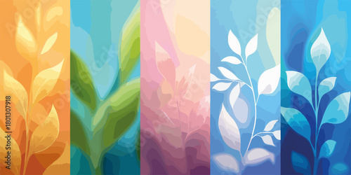 Vettori stilizzati di piante e foglie in diverse stagioni e colori, rappresentazione astratta della natura.