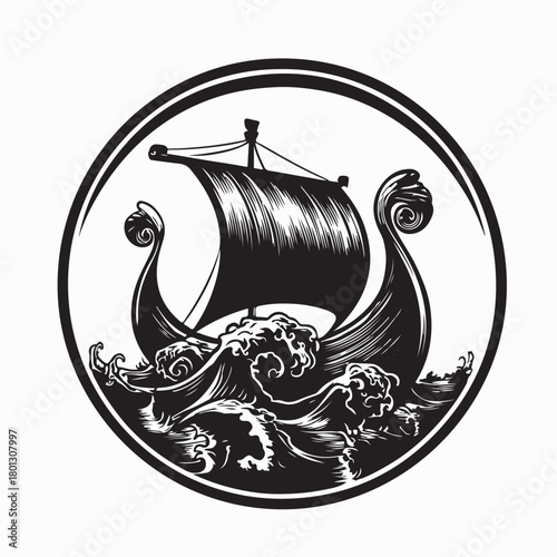 Medieval Viking Ship Sailing Through Waves Image Vector on white background