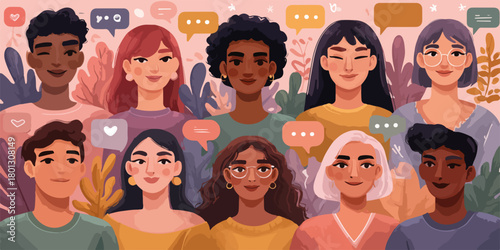 Un gruppo di persone diverse che comunicano con fumetti di dialogo, simbolo di unità e diversità.