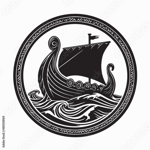 Ancient Viking Ship Riding the Ocean Waves Image Vector Isolated on white background