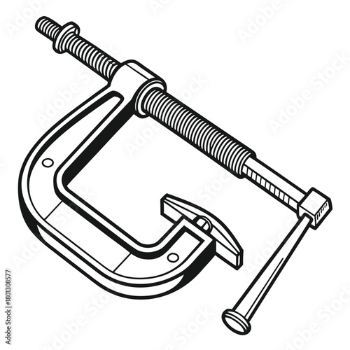 Black and white drawing shows a tool with clamp and threaded rod details