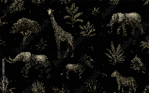 Illustrazione vettoriale di animali africani in stile glitter su sfondo nero, motivo senza cuciture.