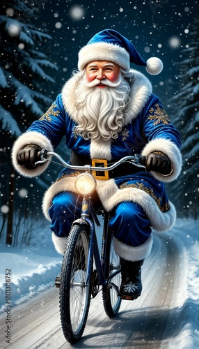 A cheerful Santa Claus in a blue suit, riding a bicycle through a snowy forest at night, creating a joyful and whimsical holiday mood