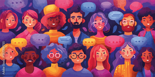 Un gruppo diversificato di persone con fumetti che simboleggiano comunicazione e connessione.