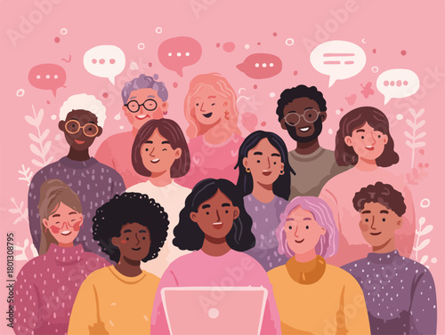 Un gruppo diversificato di persone che comunicano e si connettono, celebrando l'unità e la diversità.