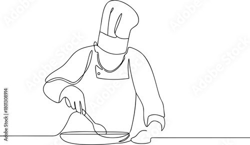 Single line drawing of a chef cooking in a pan kitchen